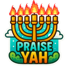 The gif is of a stick with white outlines. A golden cartoonish menorah in the middle of the gif that is surrounded with a cartoon blue sky, one half a cloud on the left side of the menorah arm and another small white cloud on the far right side of the menorah arm. There are seven flames on each menorah arm with an orange and yellow flame. "Praise" holding up the Menorah and "Yah" below "Praise". Yah is surrounded by two green cartoonish bushes on each side. Cartoonish fire on all seven candlesticks. There are golden diamonds on the Agency Cornerstone made Menorah Gif. Shalom.