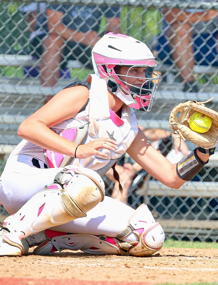 Softball catcher receiving a pitch at the plate