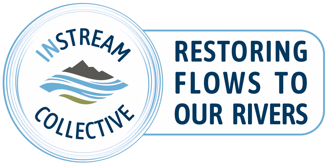 Instream Collective logo with mountain and river waves and text restoring flows to our rivers.