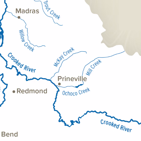 Map showing Prineville, Redmond, Madras, Bend, and Crooked River with nearby creeks.