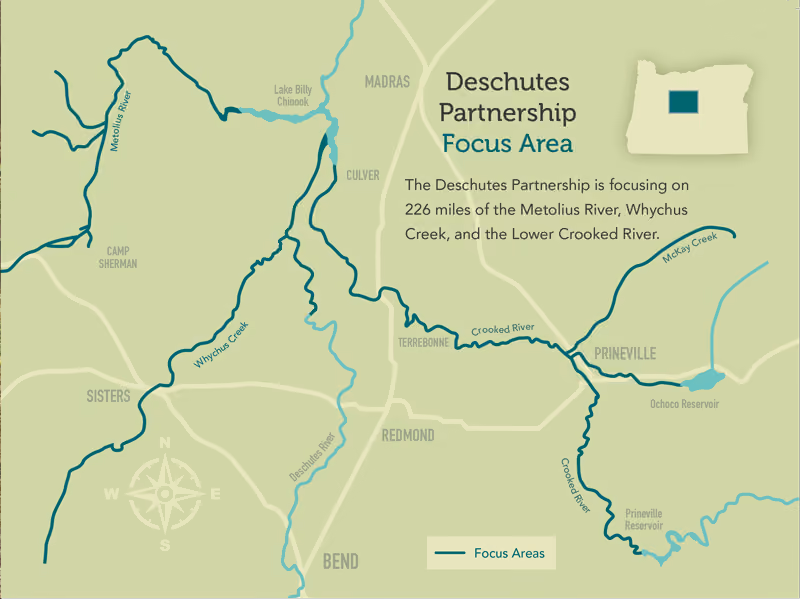 Map showing Deschutes Partnership focus on 226 miles of Metolius River, Whychus Creek, and Lower Crooked River in Oregon.