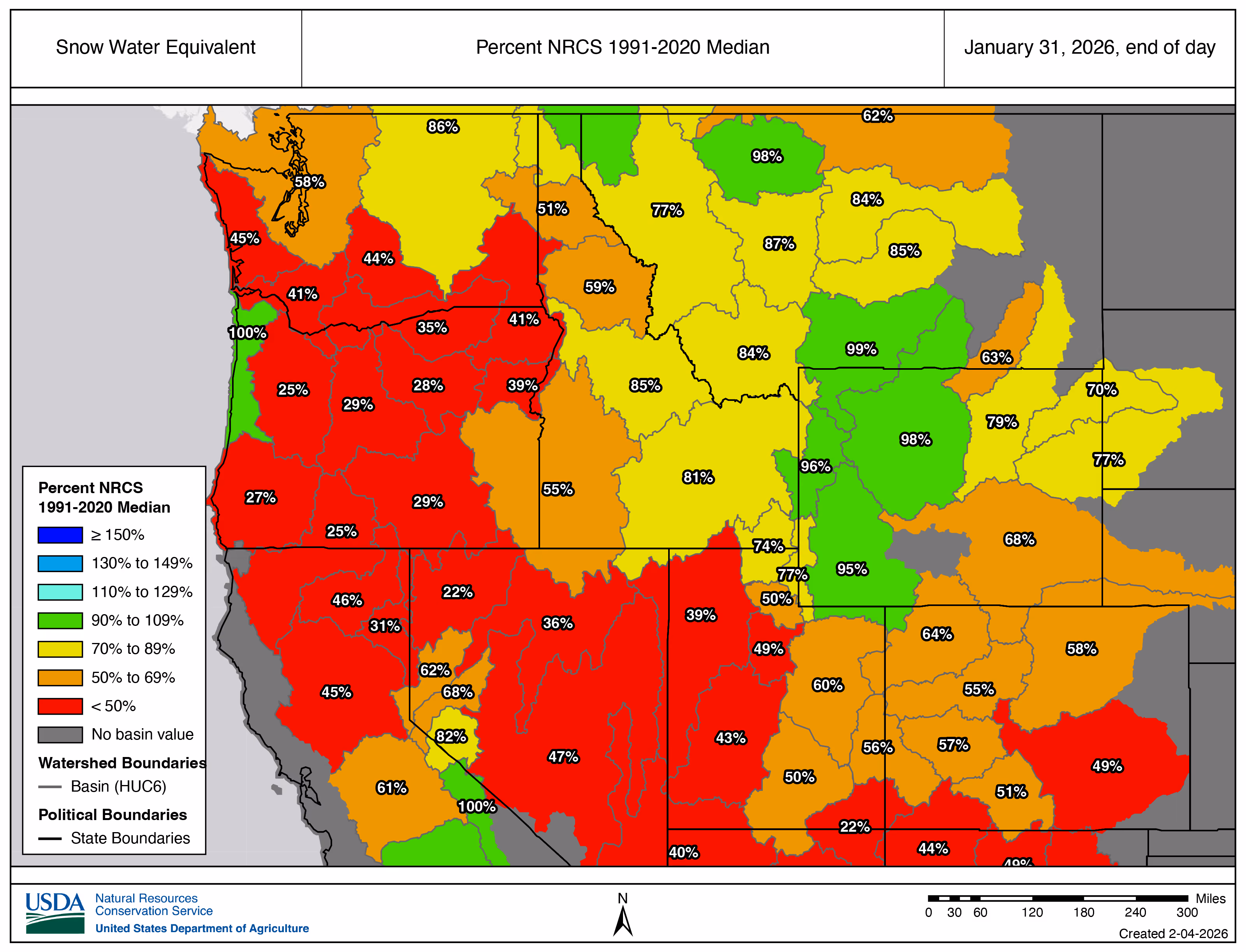 A U.S. Department of Agriculture map of snow drought in the West as of Jan. 31, 2026.