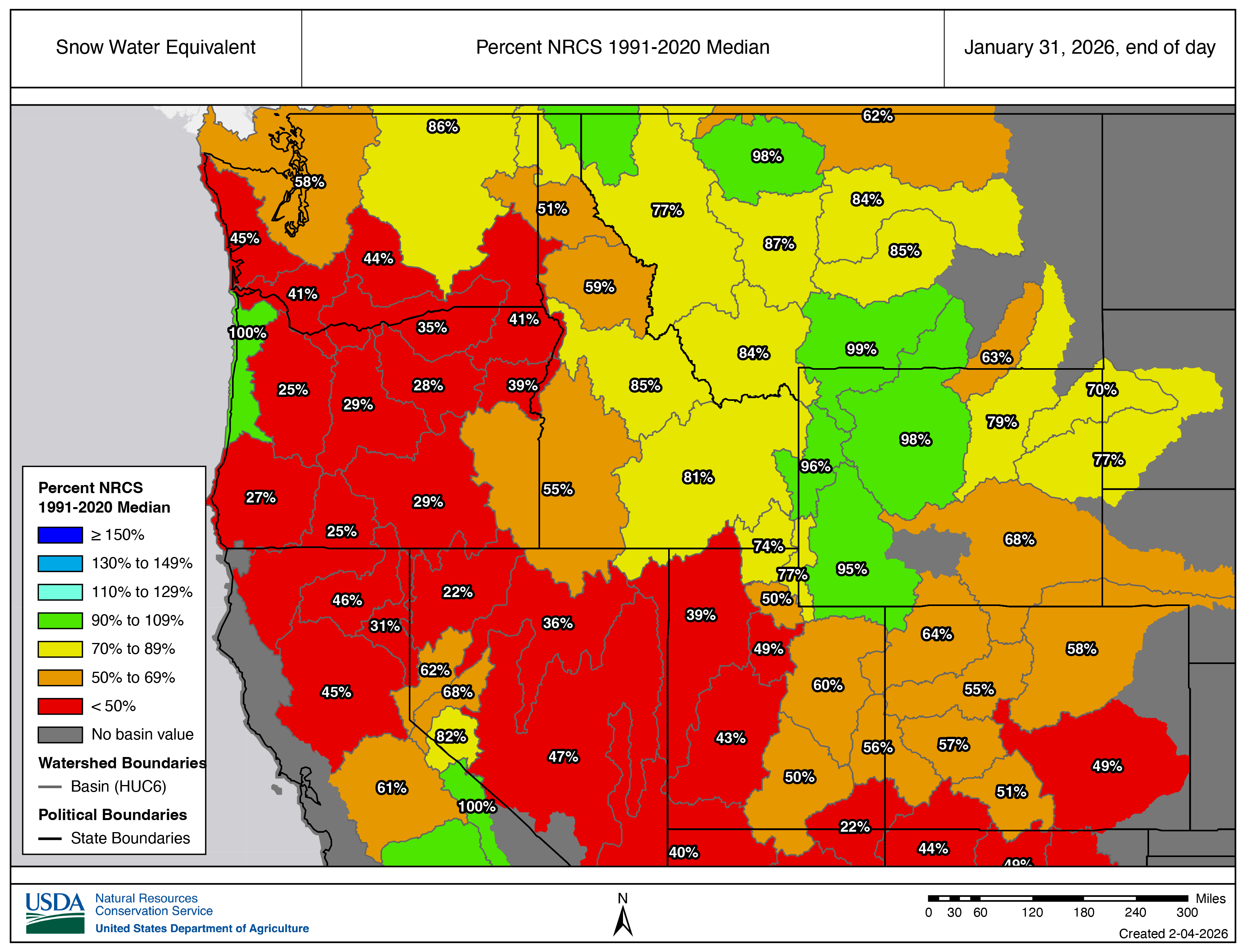 A U.S. Department of Agriculture map of snow drought in the West as of Jan. 31, 2026.