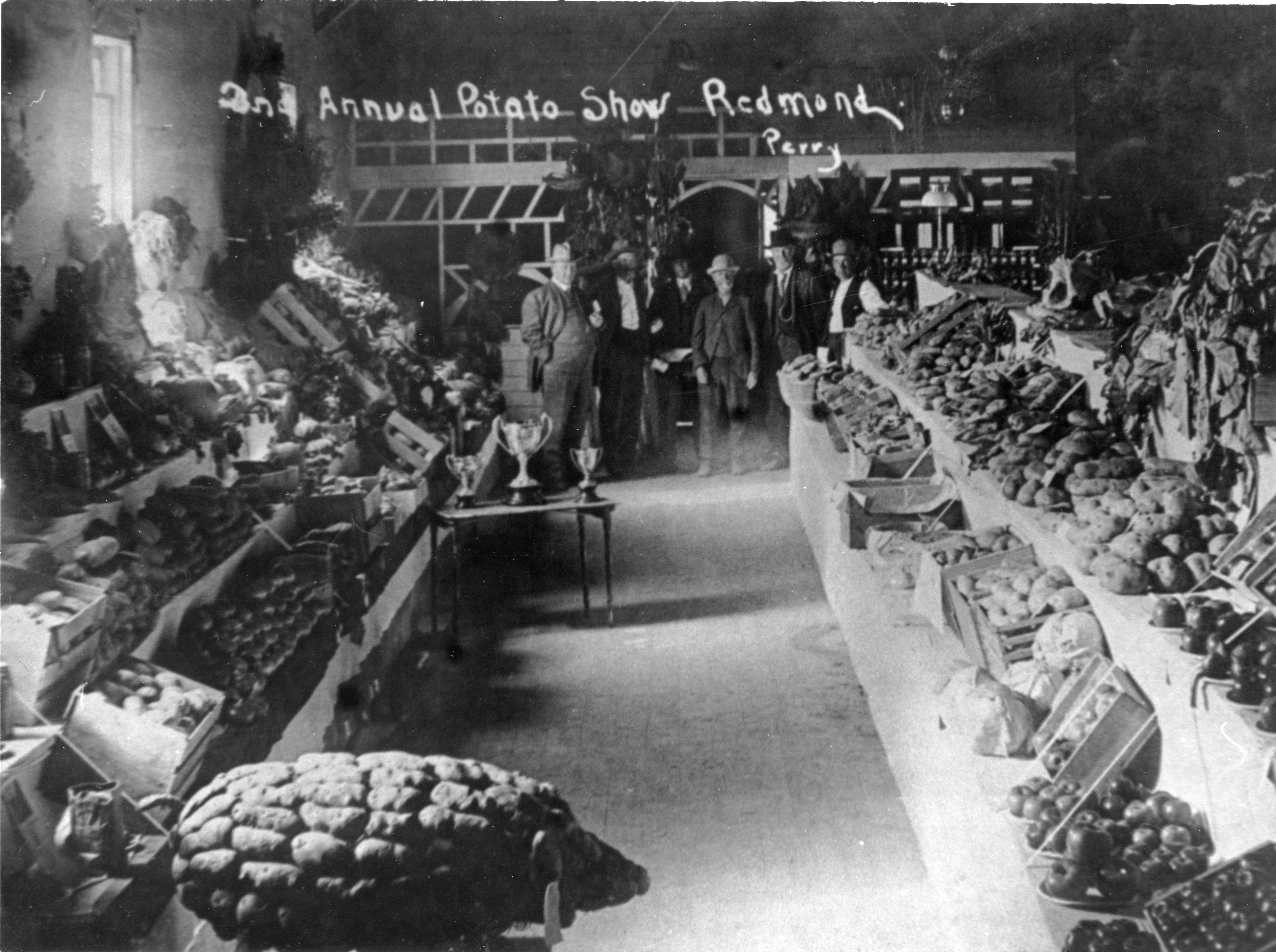 An old black and white photograph of bundles of potatoes, table with three trophies on it, and a group of men in suits posing for the cameras. Someone has written on the photograph, “2nd Annual Potato Show Redmond.”