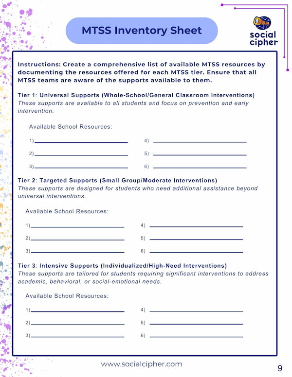 Preview of the MTSS Inventory Sheet, click here to open PDF.