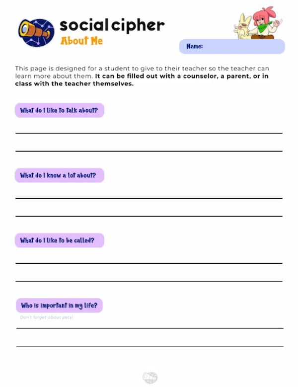 Preview of the All About Me activity, click here to open the PDF.