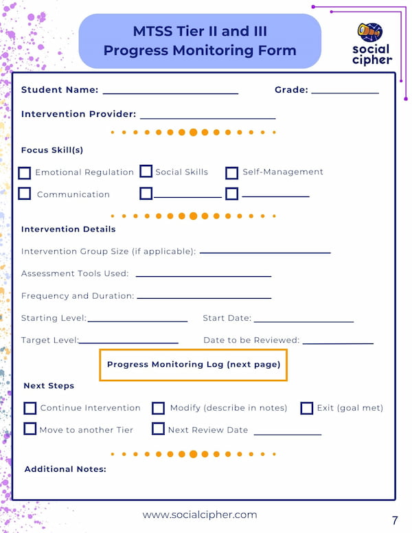 Preview of the MTSS Tier II and III Progress Monitoring Form, click here to open the PDF.