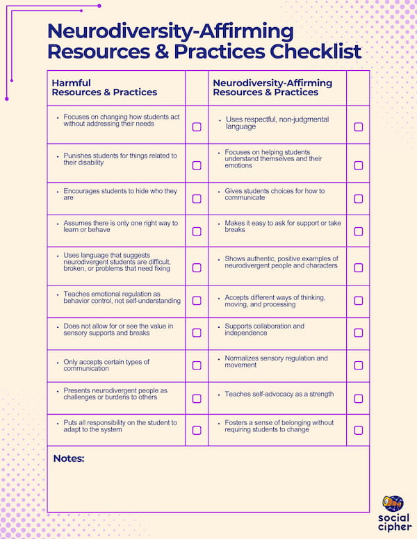 Preview of the Neurodiversity-Affirming Resources & Practices Checklist, click to open PDF