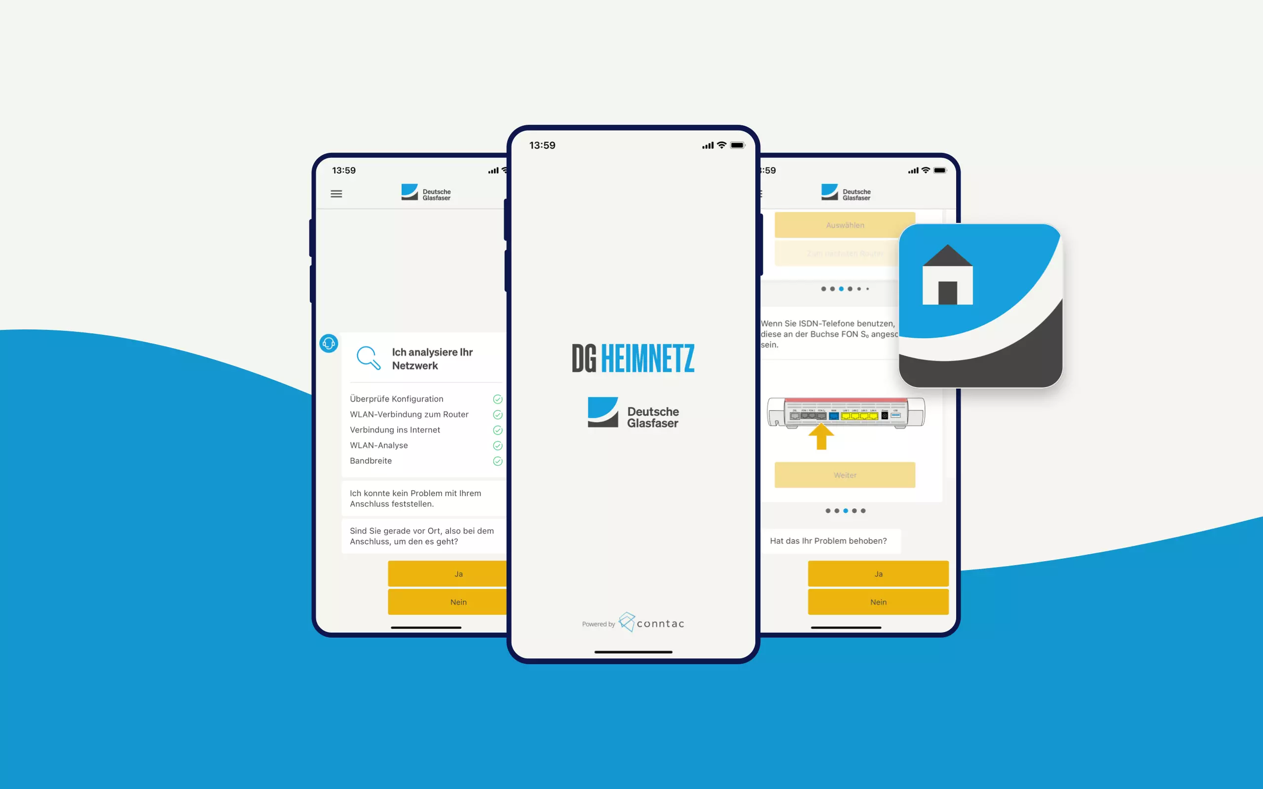 Vier Beispiele der DG Heimnetz App Screens