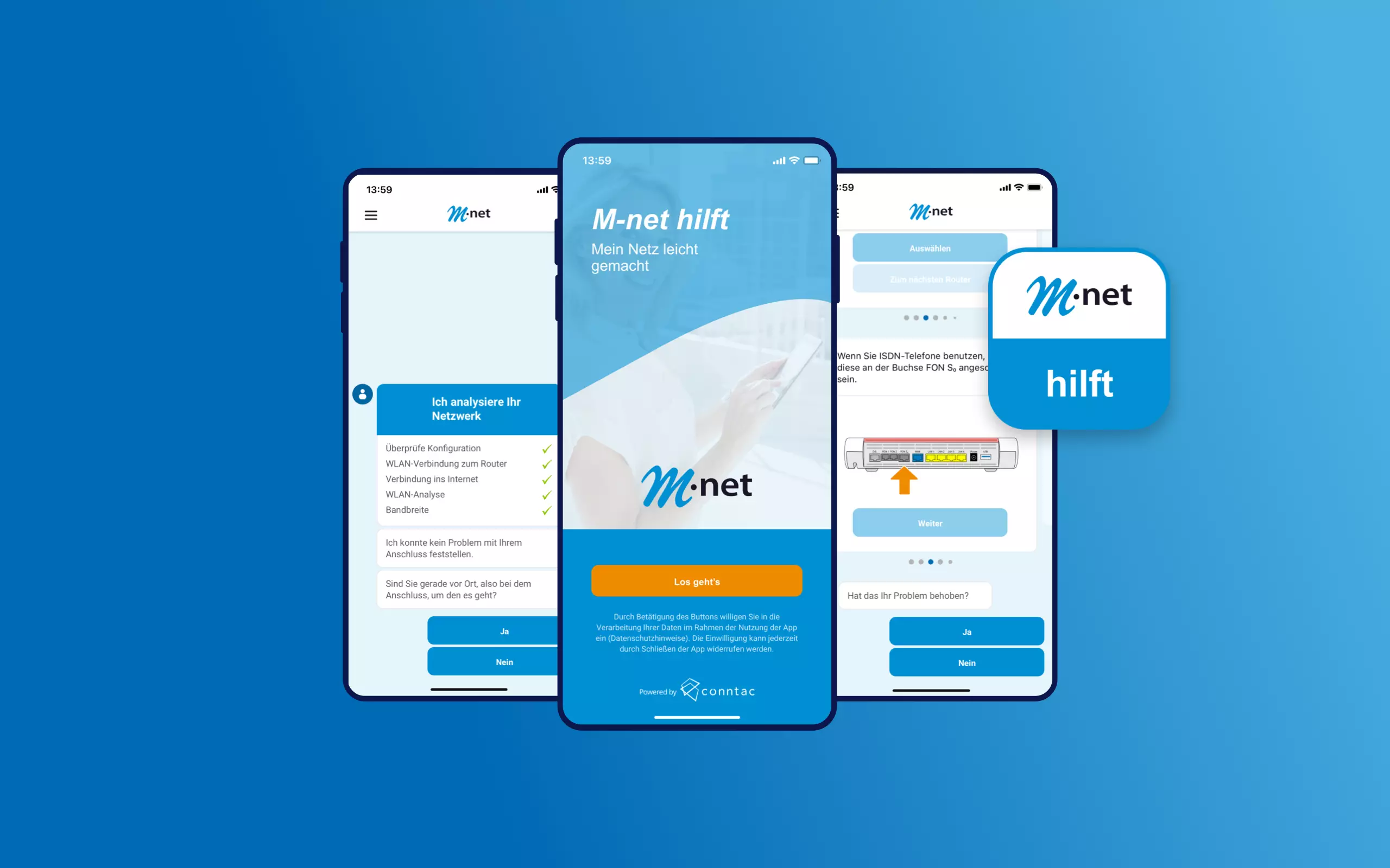 Vier M-net hilft App Screens mit verschiedenen Anwendungsmöglichkeiten