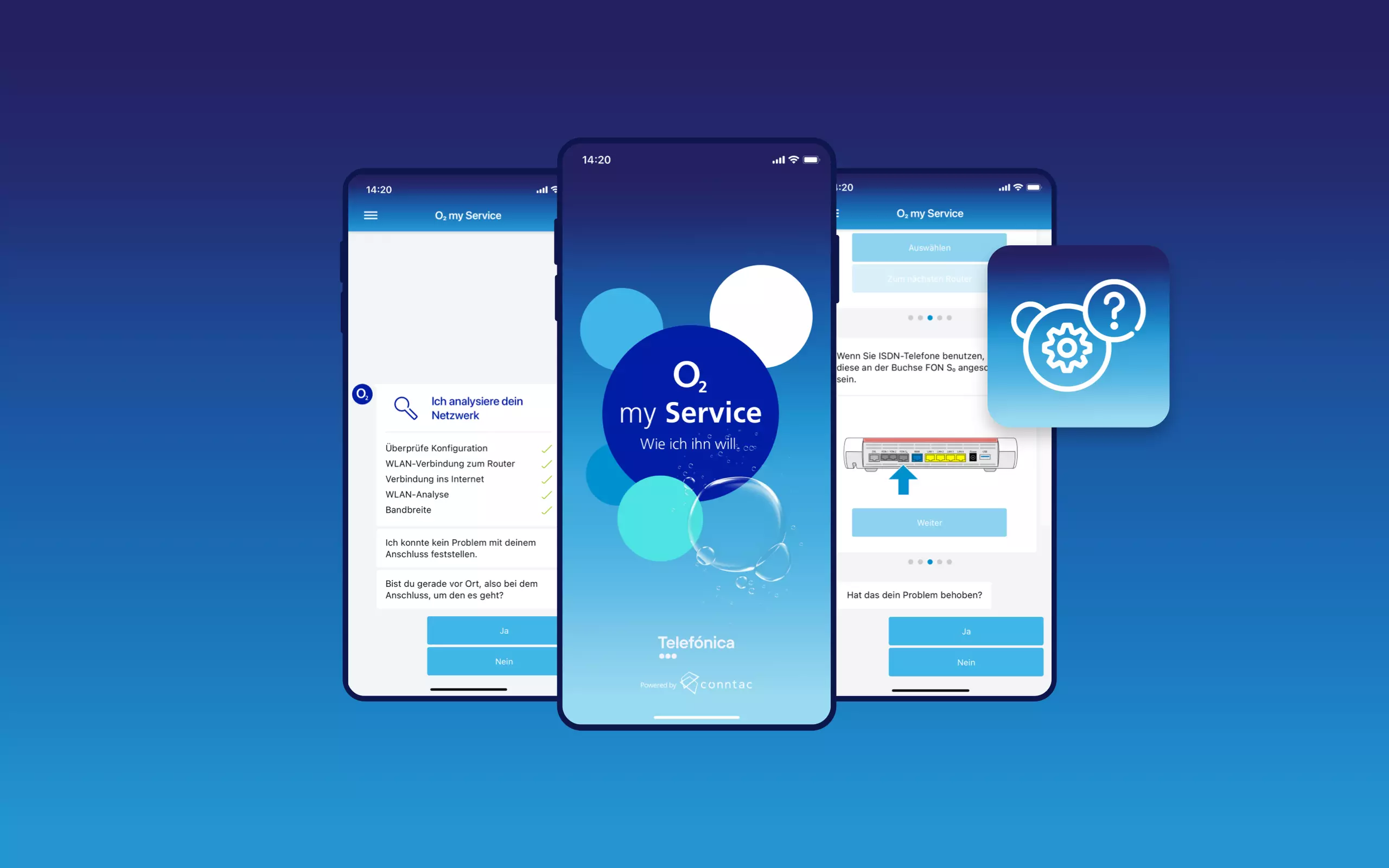 Vier App-Screens der o2 DSL Hilfe App