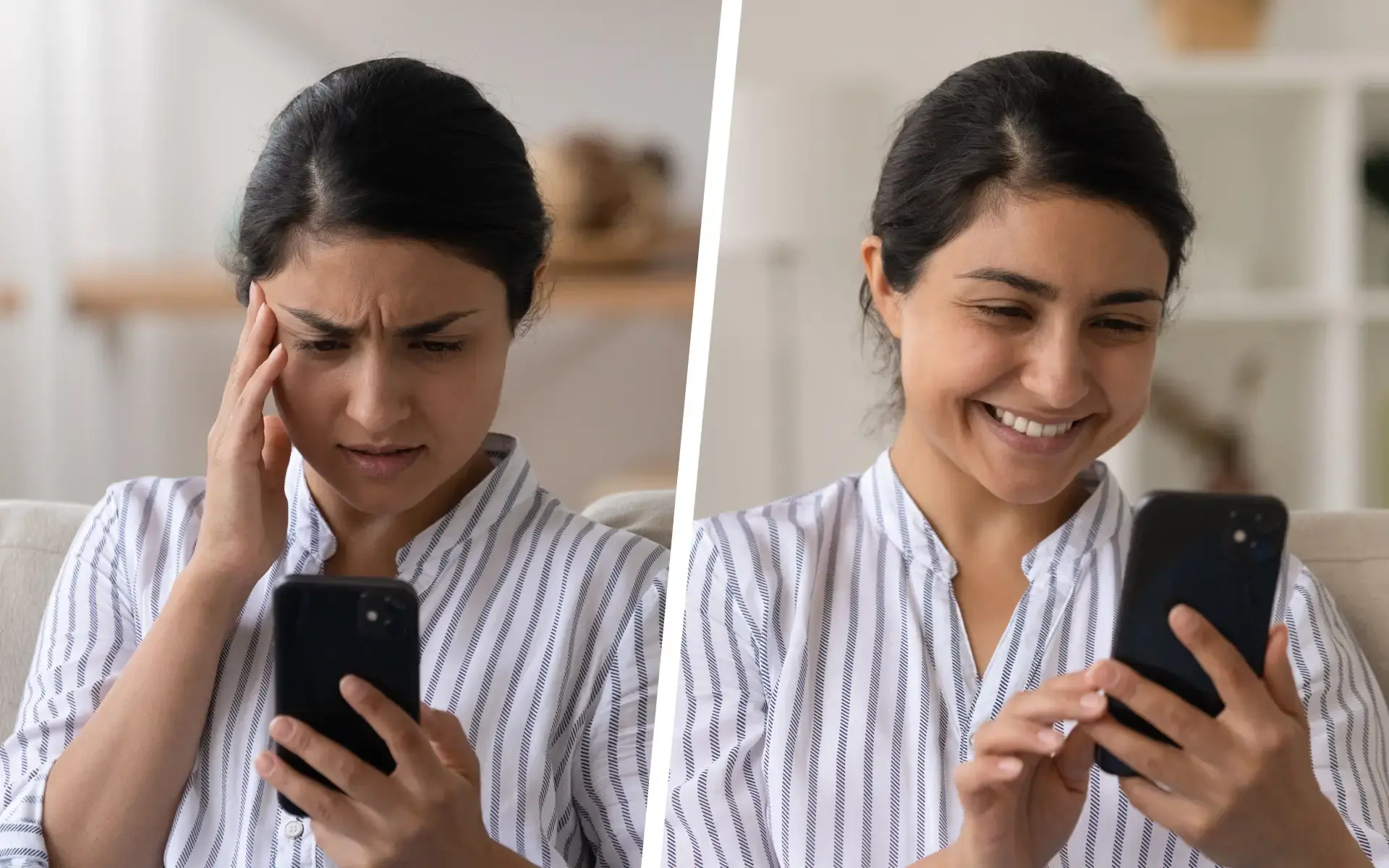 Nutzerzentrierter Kundenservice Frustrierte Nutzerin mit unverständlicher App versus zufriedene Nutzerin dank intuitiver User Experience.