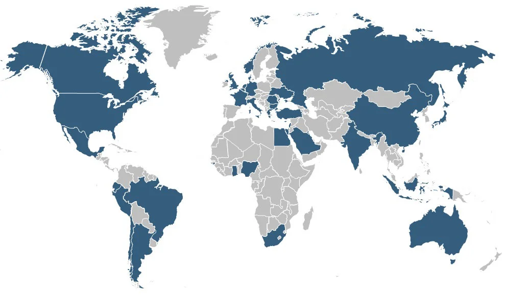 A map of the world with countries in blue.