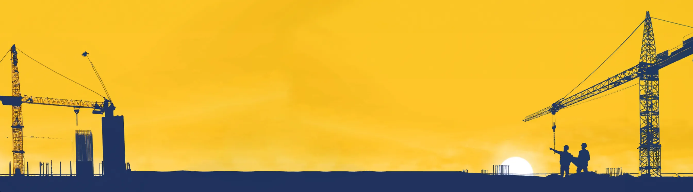Silhouette of two construction workers and cranes at a building site against a yellow sunset sky.