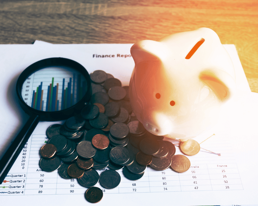 piggy bank and coins.