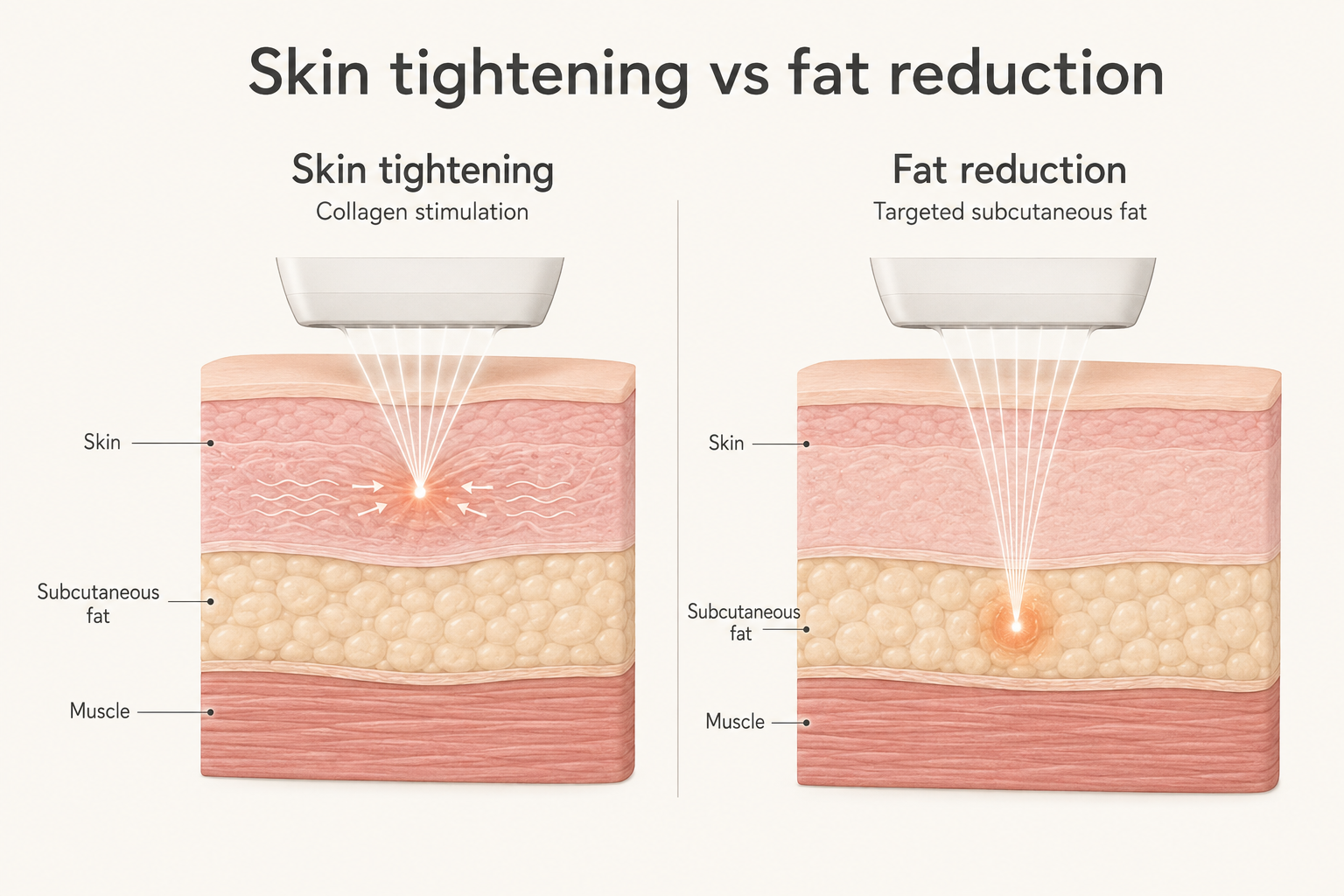 Diagram explaining HIFU skin tightening and localised fat reduction on the stomach