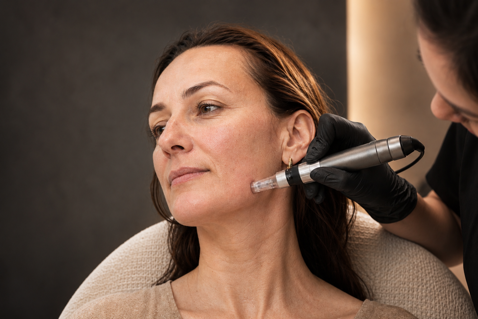 Professional microneedling treatment being performed on a client's face at Skin Studio Bali