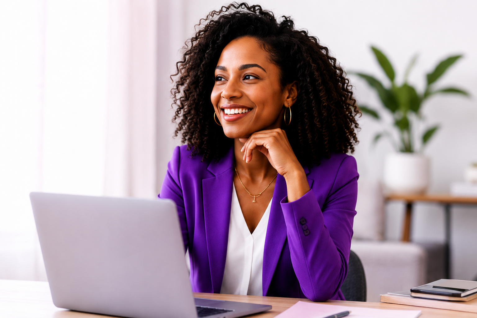 Smiling professional working on a laptop