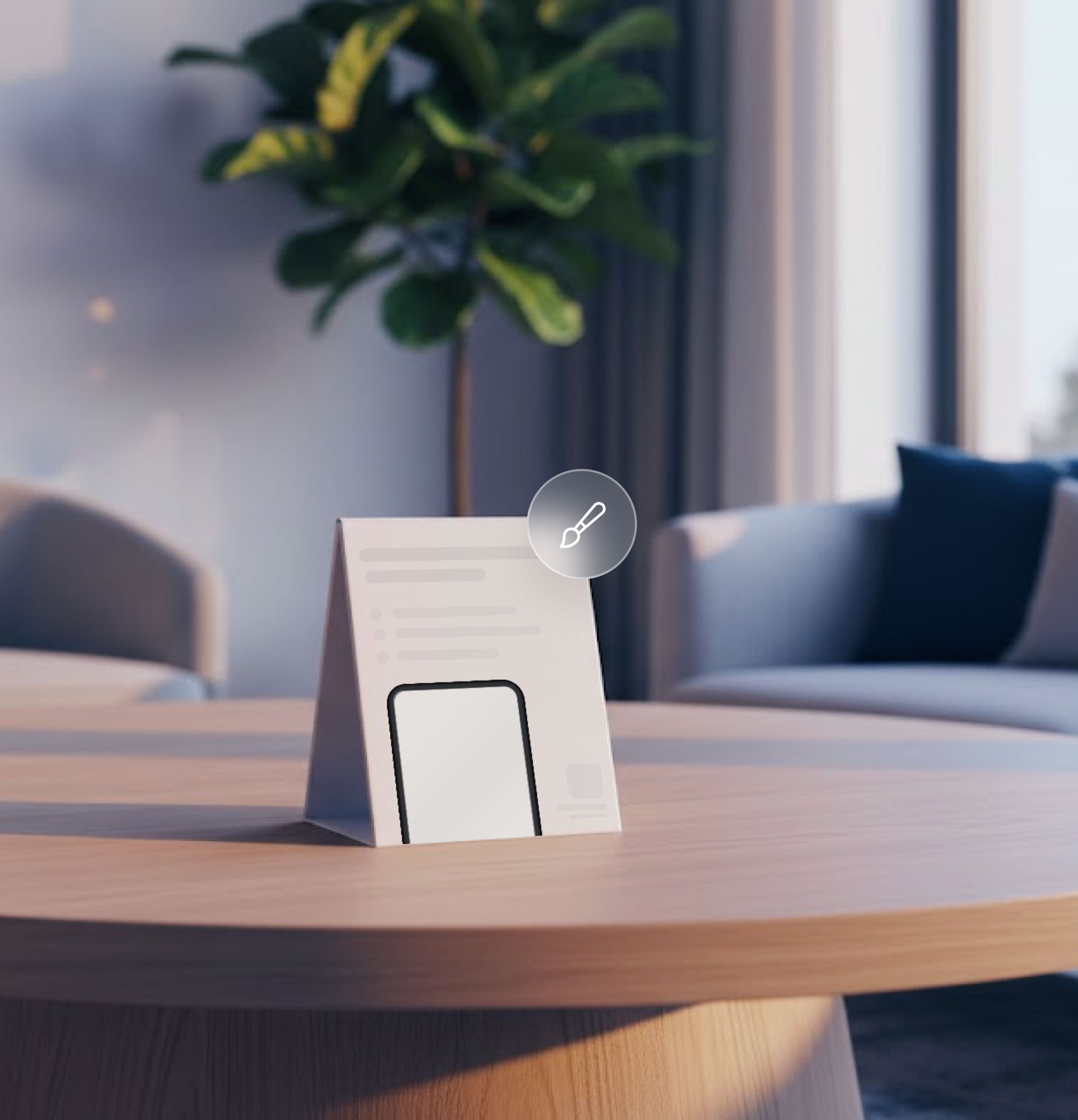 White label marketing mockup: en tom bordsryttare i en modern loungemiljö.