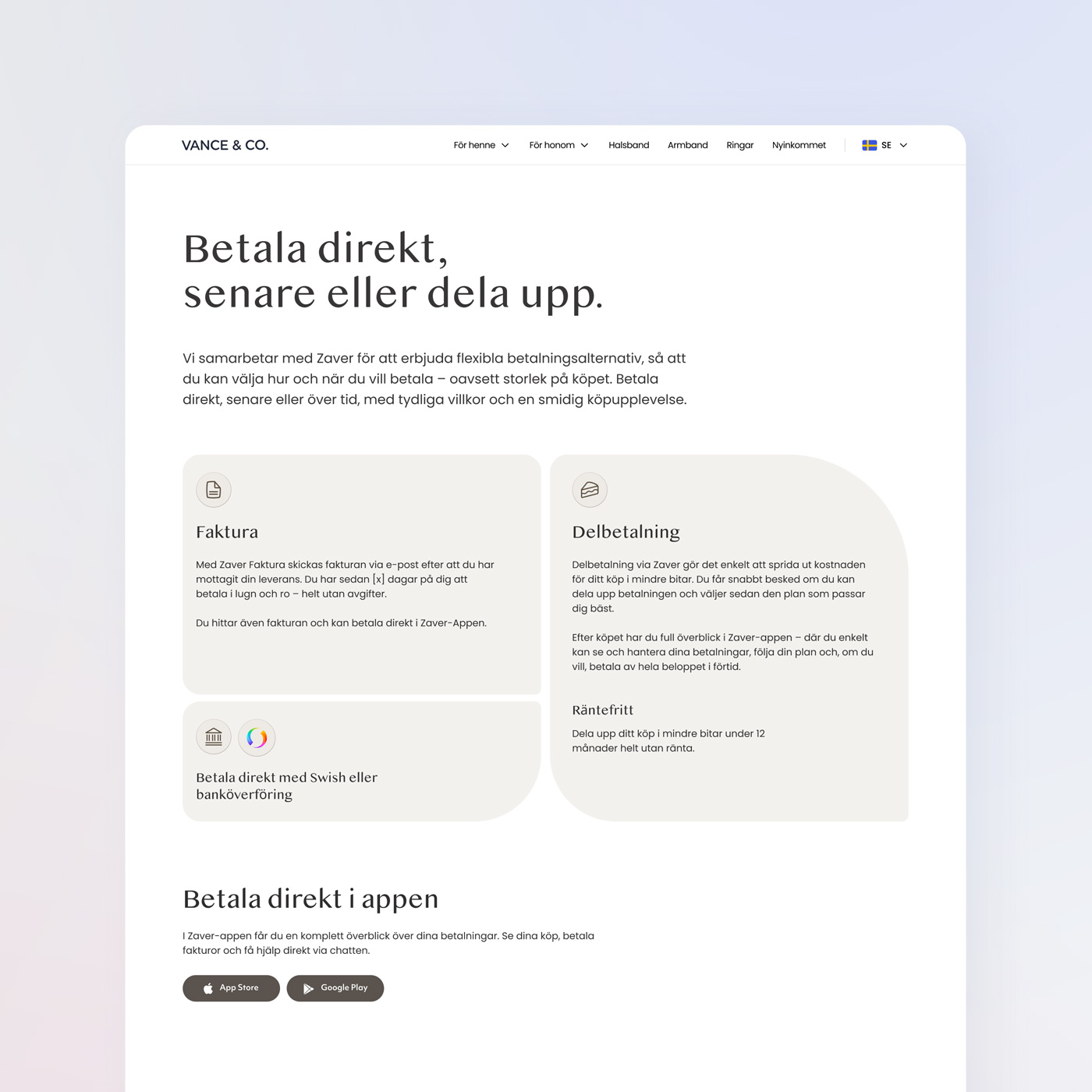 Exempel på en produktsida för e-handel med information om Zavers betallösningar: 'Betala direkt, senare eller dela upp'.