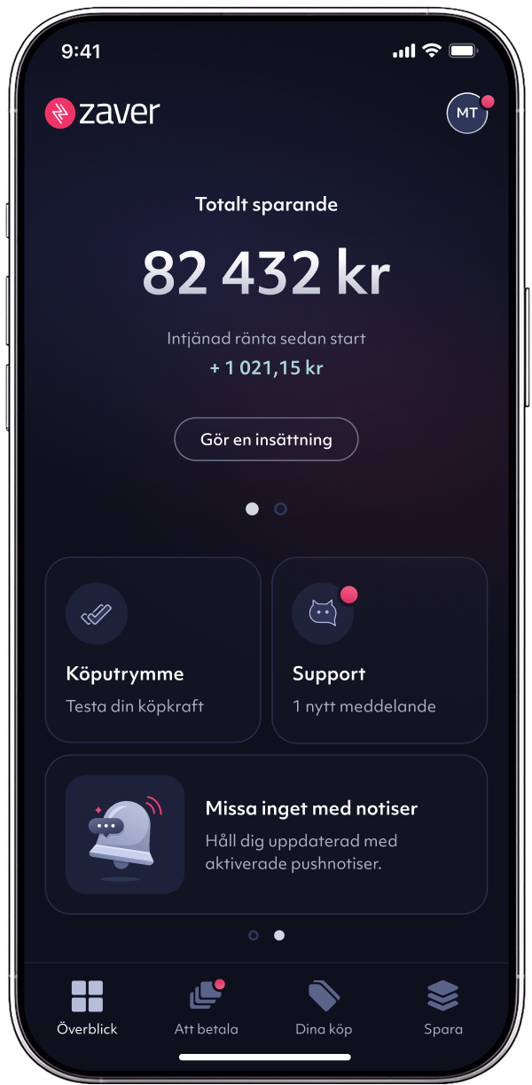 Smartphone-mockup som visar startskärmen för Zaver-appen