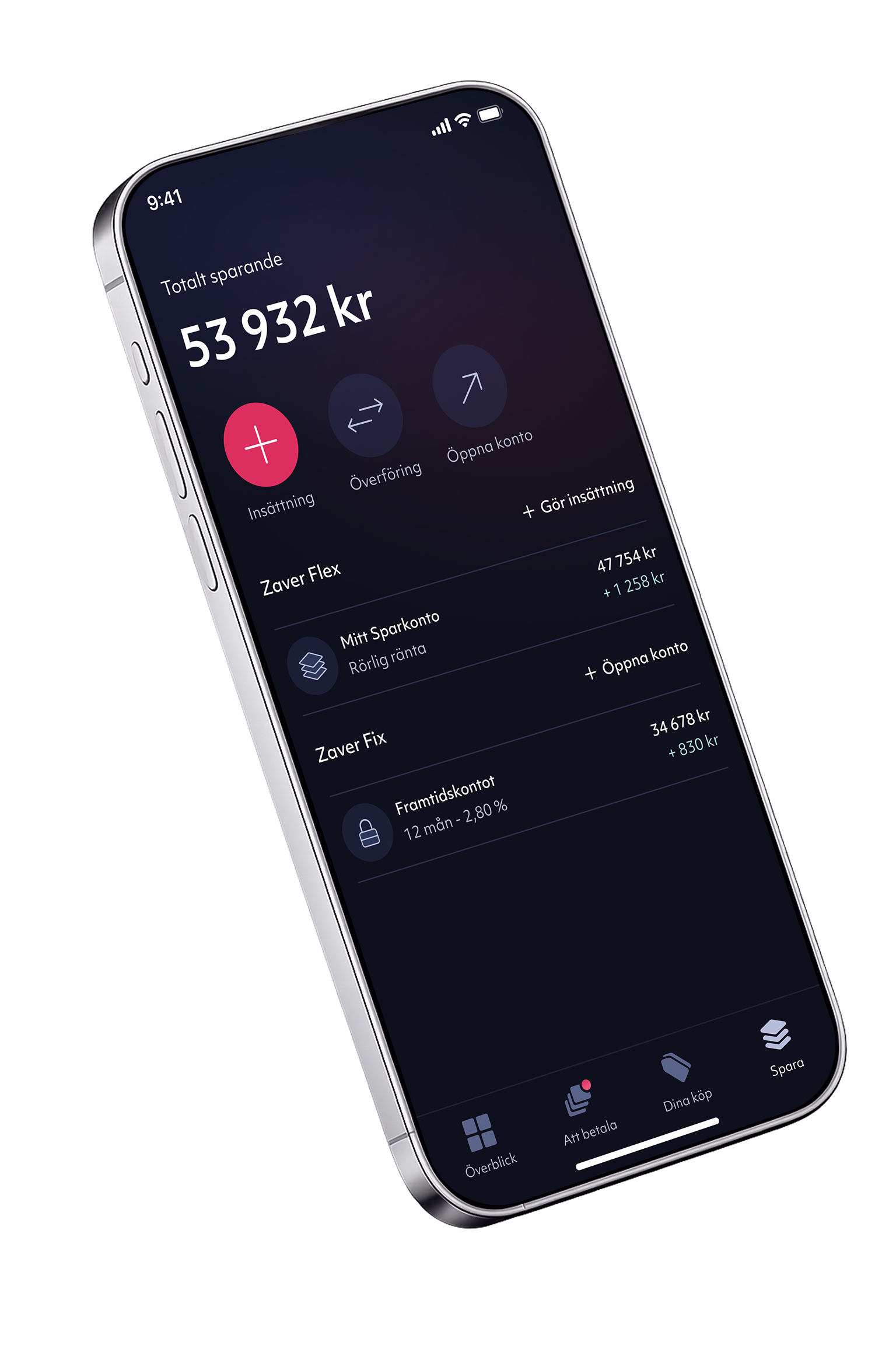 Smartphone-mockup som visar sparkonton i Zaver mobilapp.