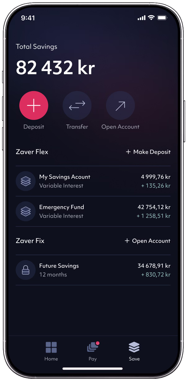 Smartphone mockup showing a savings account balance interface inside the Zaver mobile app.