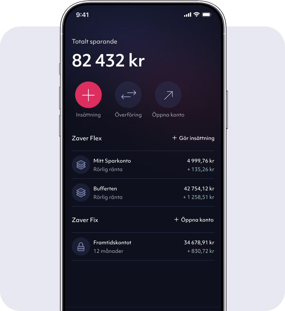 Smartphone mockup showing a savings account balance interface inside the Zaver mobile app.