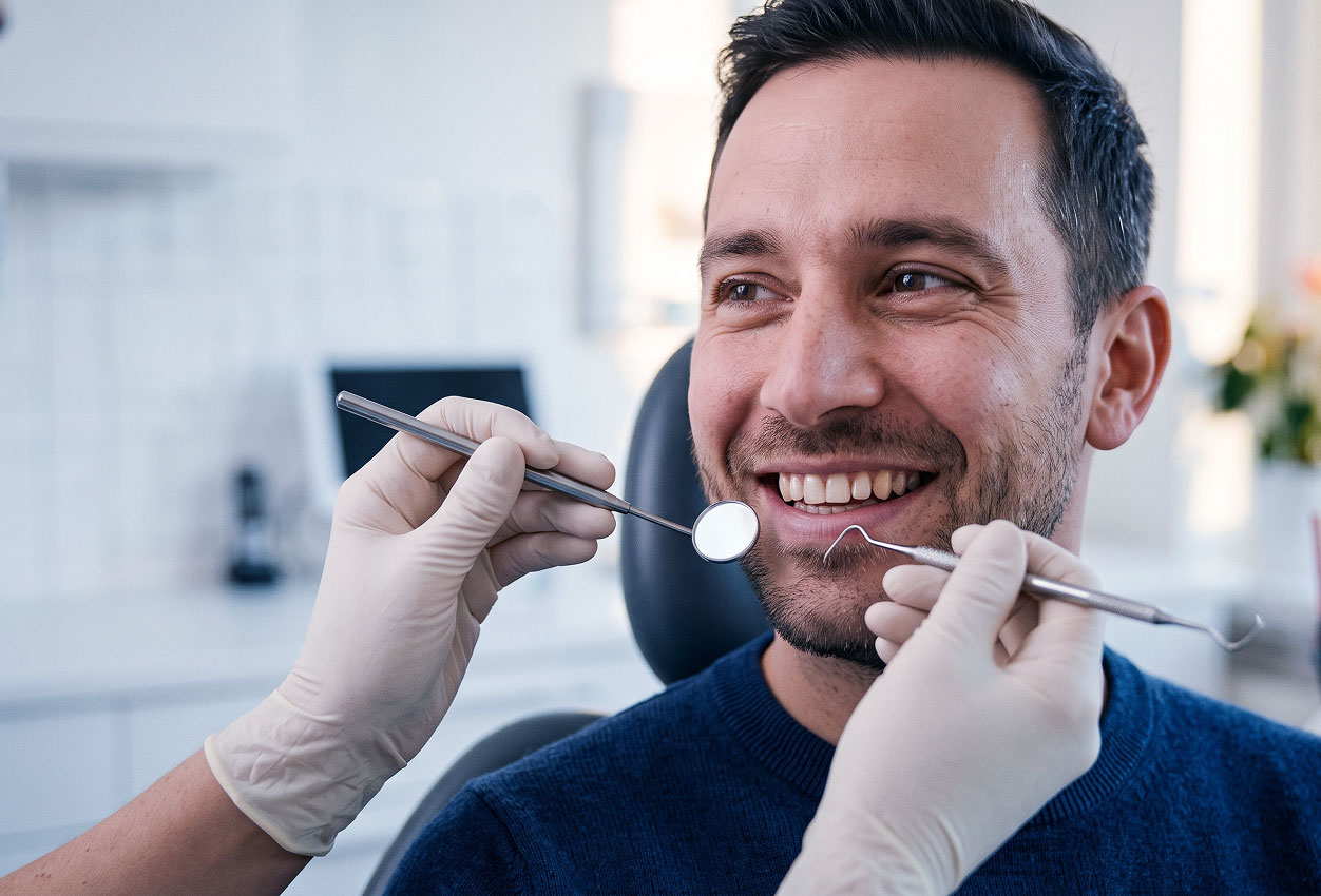Smiling man in blue sweater having dental checkup with gloved hands holding dental mirror and scaler.