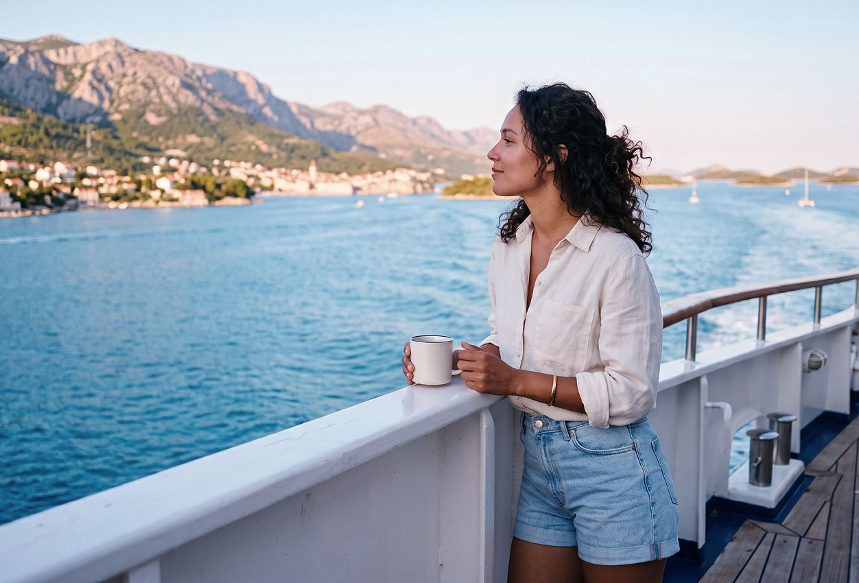 Woman in white shirt and denim shorts holding mug, looking at water and distant mountains from boat.