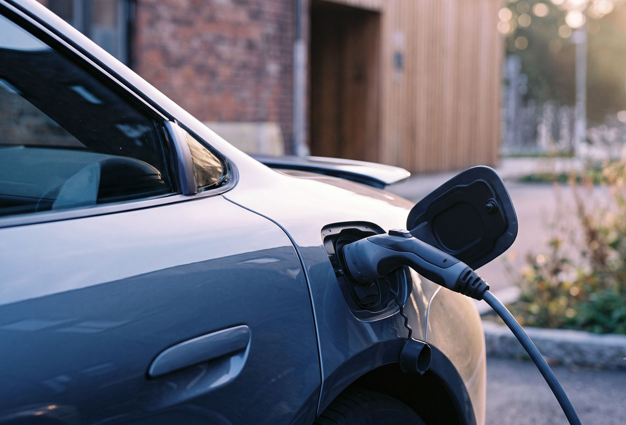 Electric car charging with a plug connected to the vehicle's charging port outdoors.