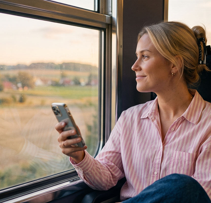 Woman in pink striped shirt holding phone and gazing out train window at countryside.