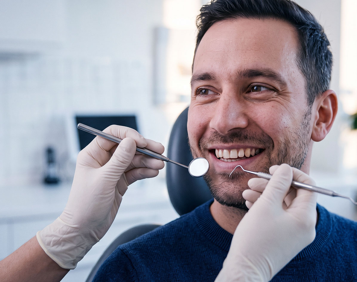 Smiling man sitting in dental chair with dentist's gloved hands holding dental mirror and pick.
