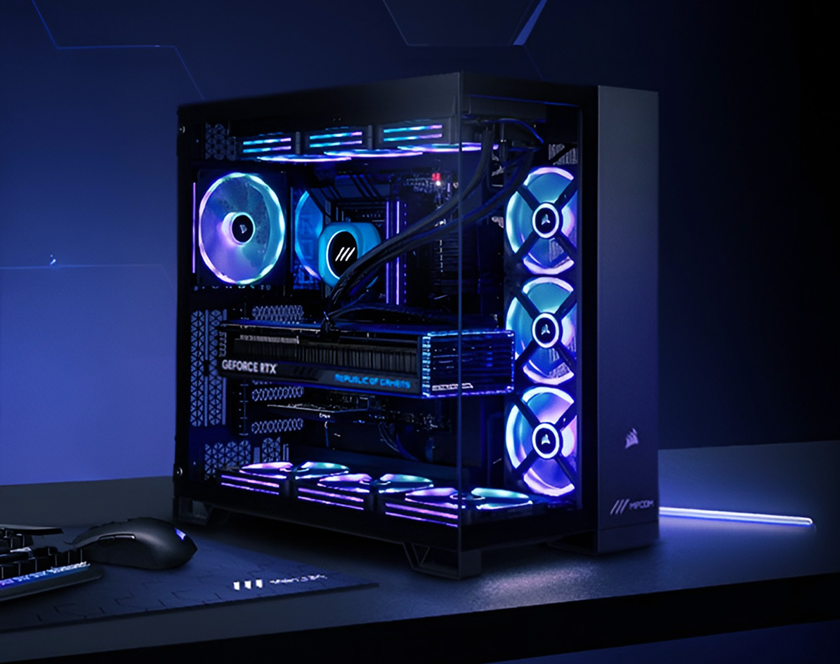 Mifcom gaming PC with tempered glass case, RGB cooling fans, and graphics card inside.