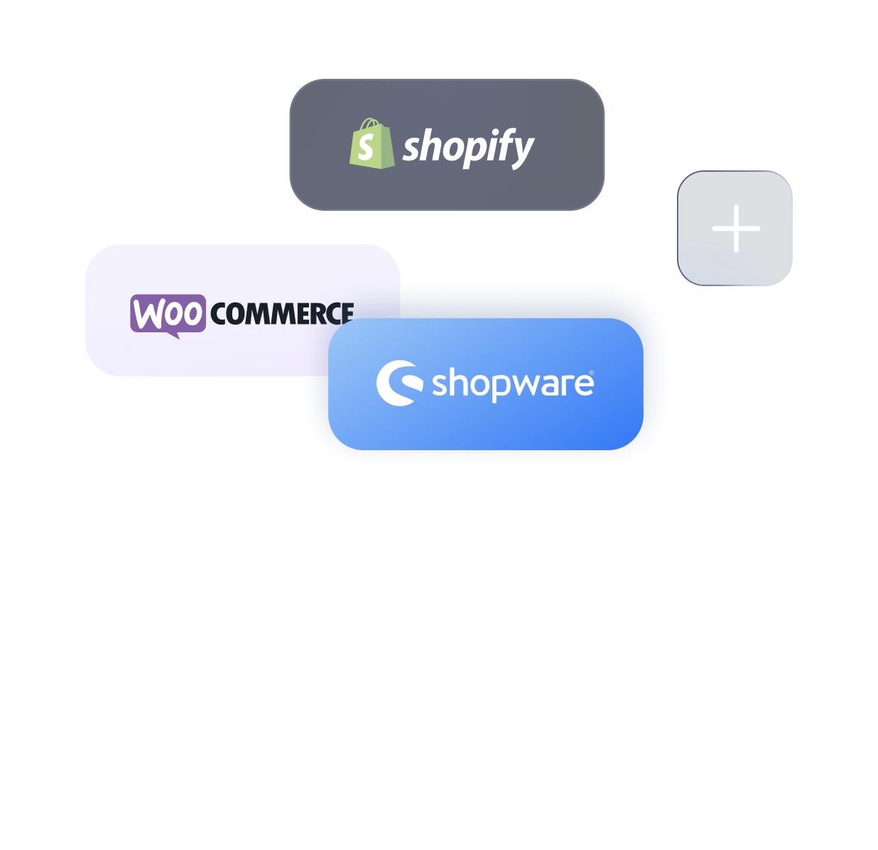 Illustration showing Shopify, WooCommerce, and Shopware logos with a plus icon indicating more integrations.