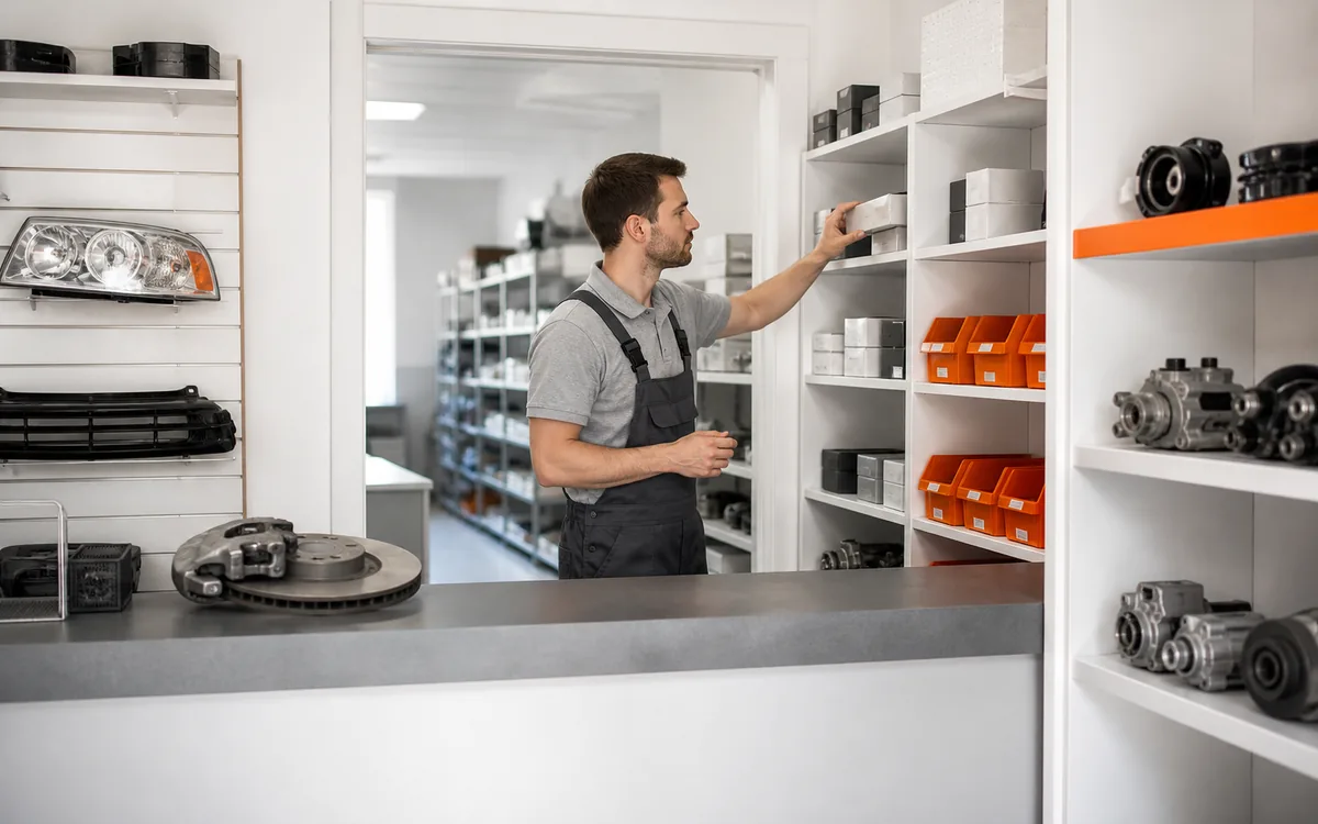 Auto parts employee picking a part from organised storage