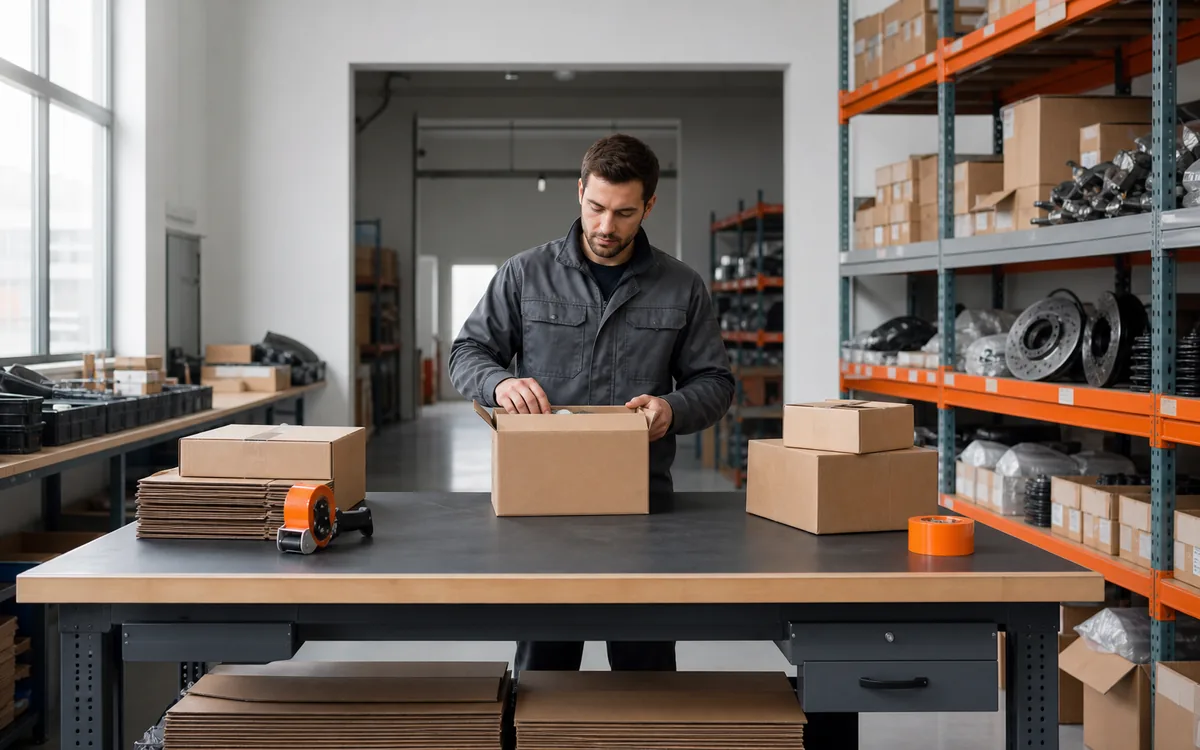 Worker packing auto parts for shipment