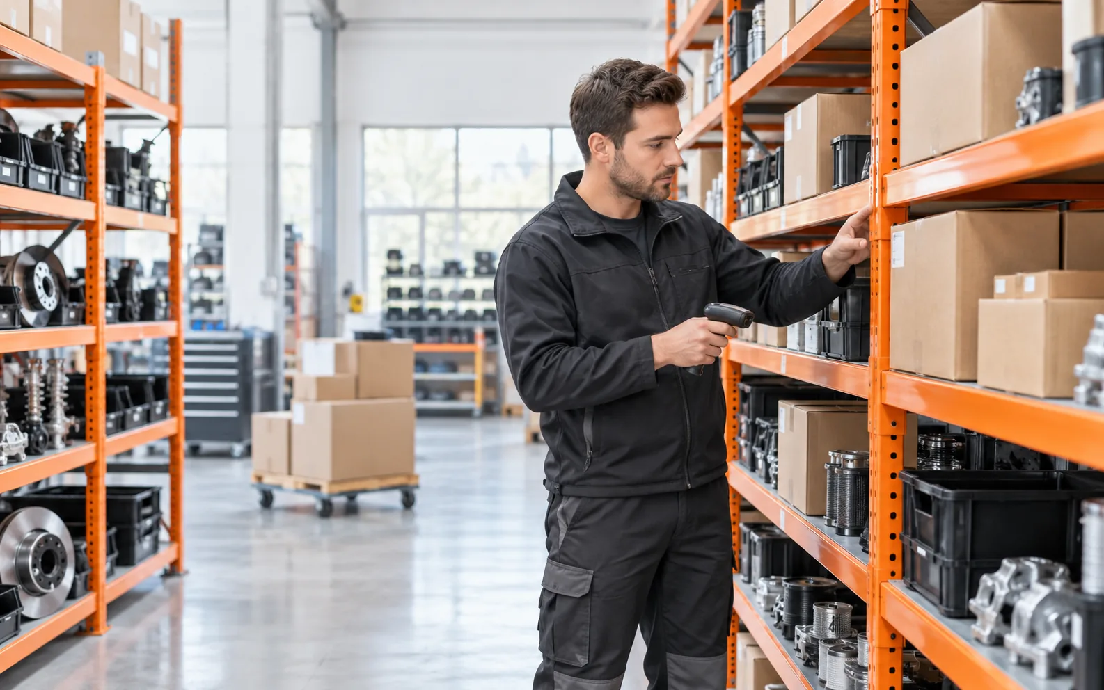 Auto parts warehouse employee checking shelf stock with a barcode scanner