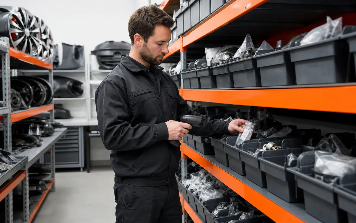 Worker scanning auto parts during a cycle count