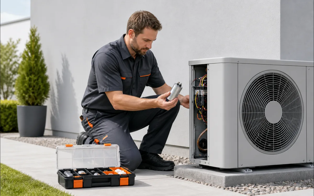 HVAC technician using a replacement part during a customer visit