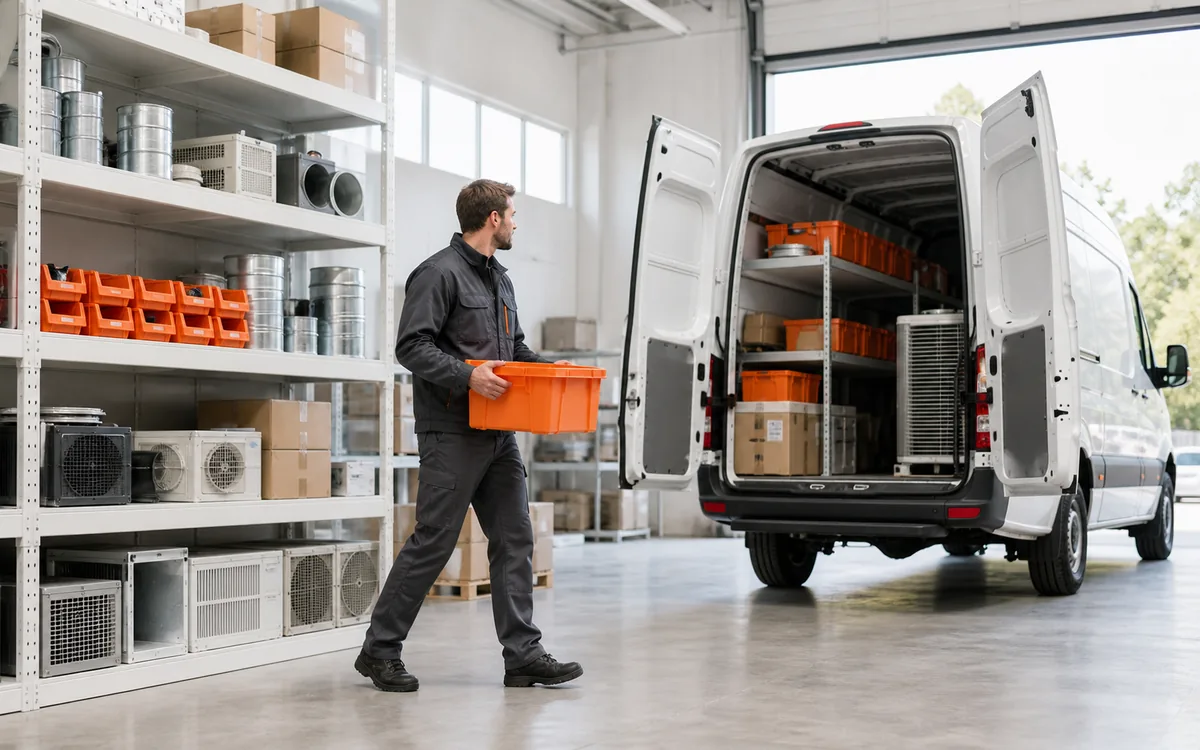 HVAC parts being moved from an organized warehouse into a service vehicle