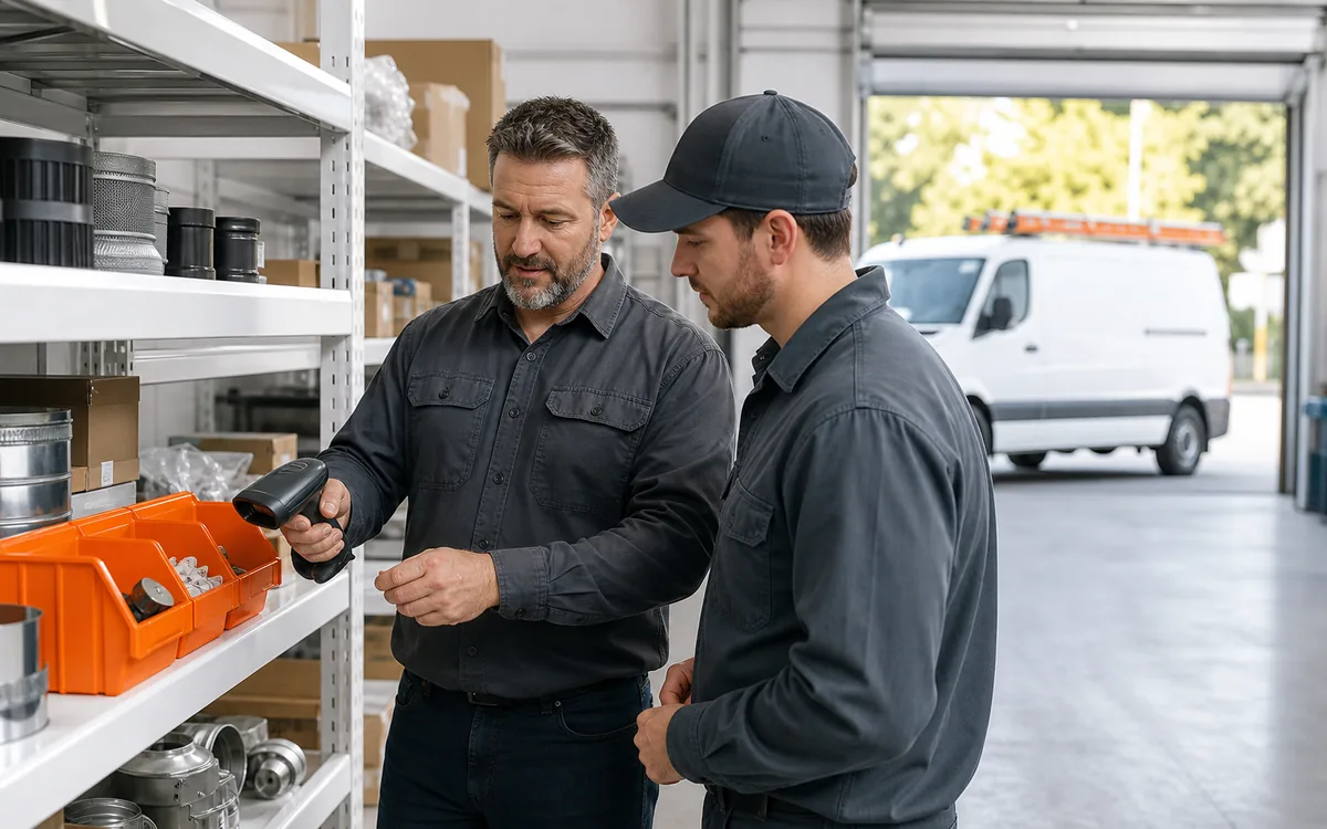HVAC team checking parts with a barcode scanner before go-live