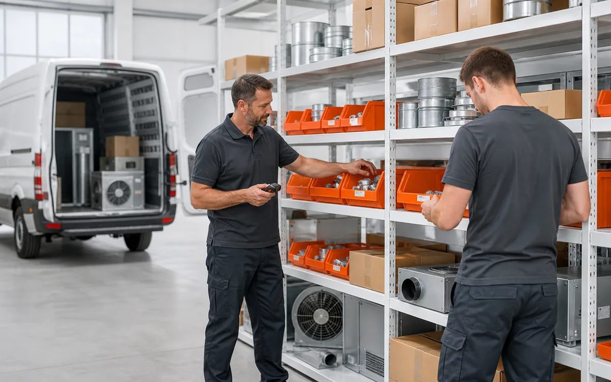 HVAC team organizing parts bins and warehouse inventory before configuration