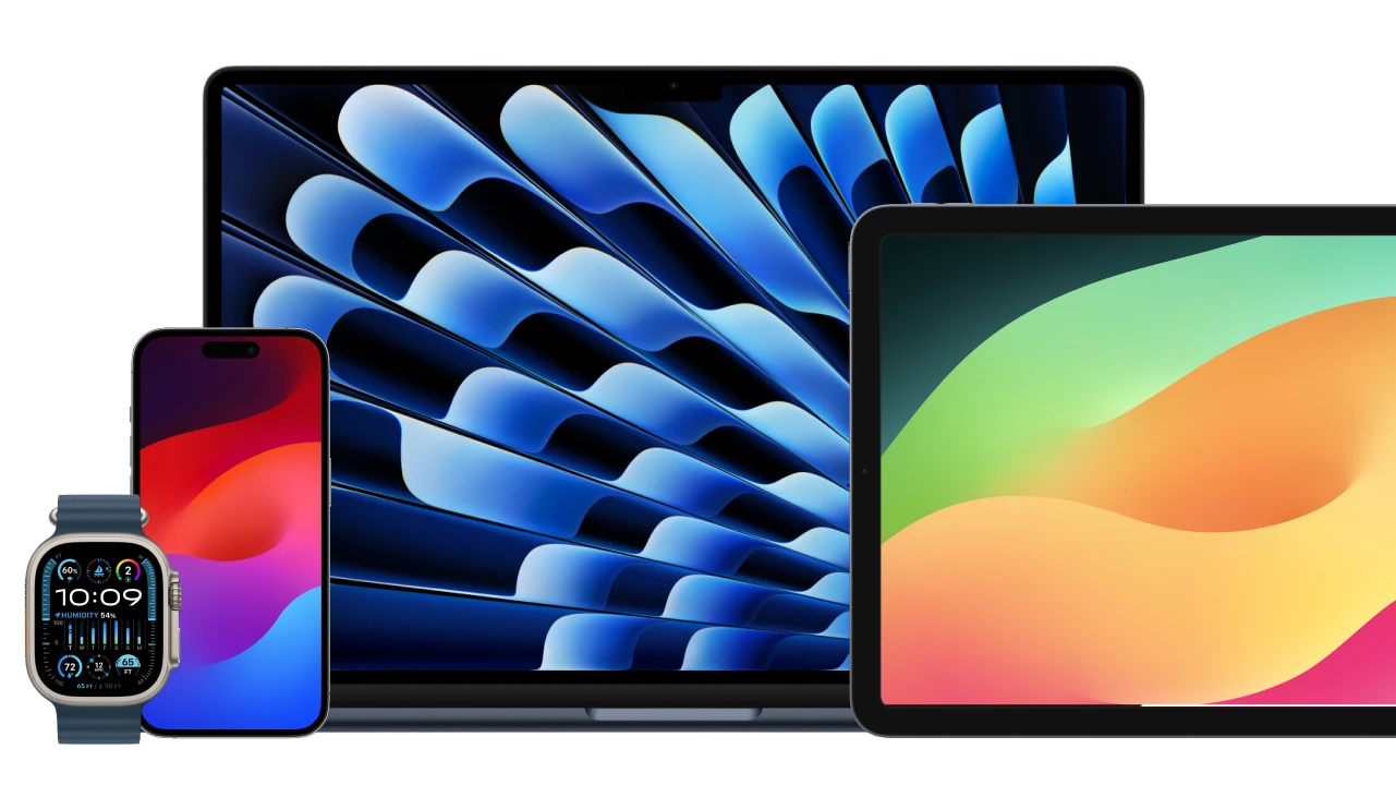 urzadzenia apple obok siebie - apple watch, iphone, macbook, ipad