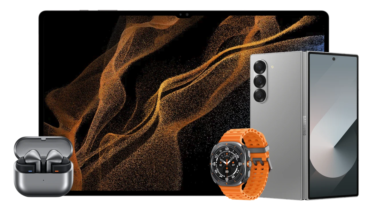 urzadzenia samsung obok siebie - galaxy buds, galaxy tab, galaxy watch, galaxy fold
