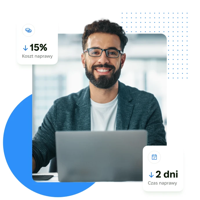 Uśmiechnięty mężczyzna z laptopem, grafika pokazuje 15% koszt naprawy, 2 dni czasu usługi.
