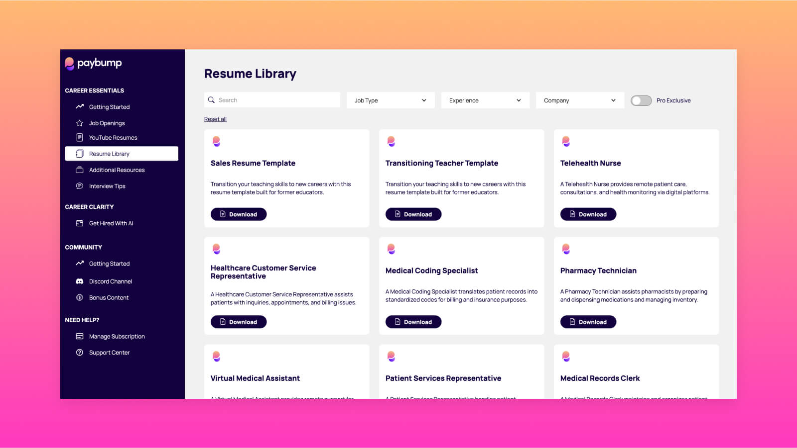 Paybump dashboard showing a selection of resume samples available to download immediately 