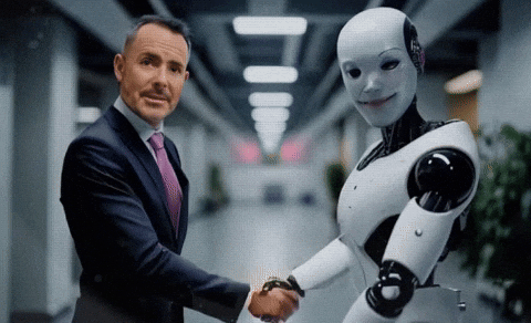 male professional wearing a suit shaking hands with a robot