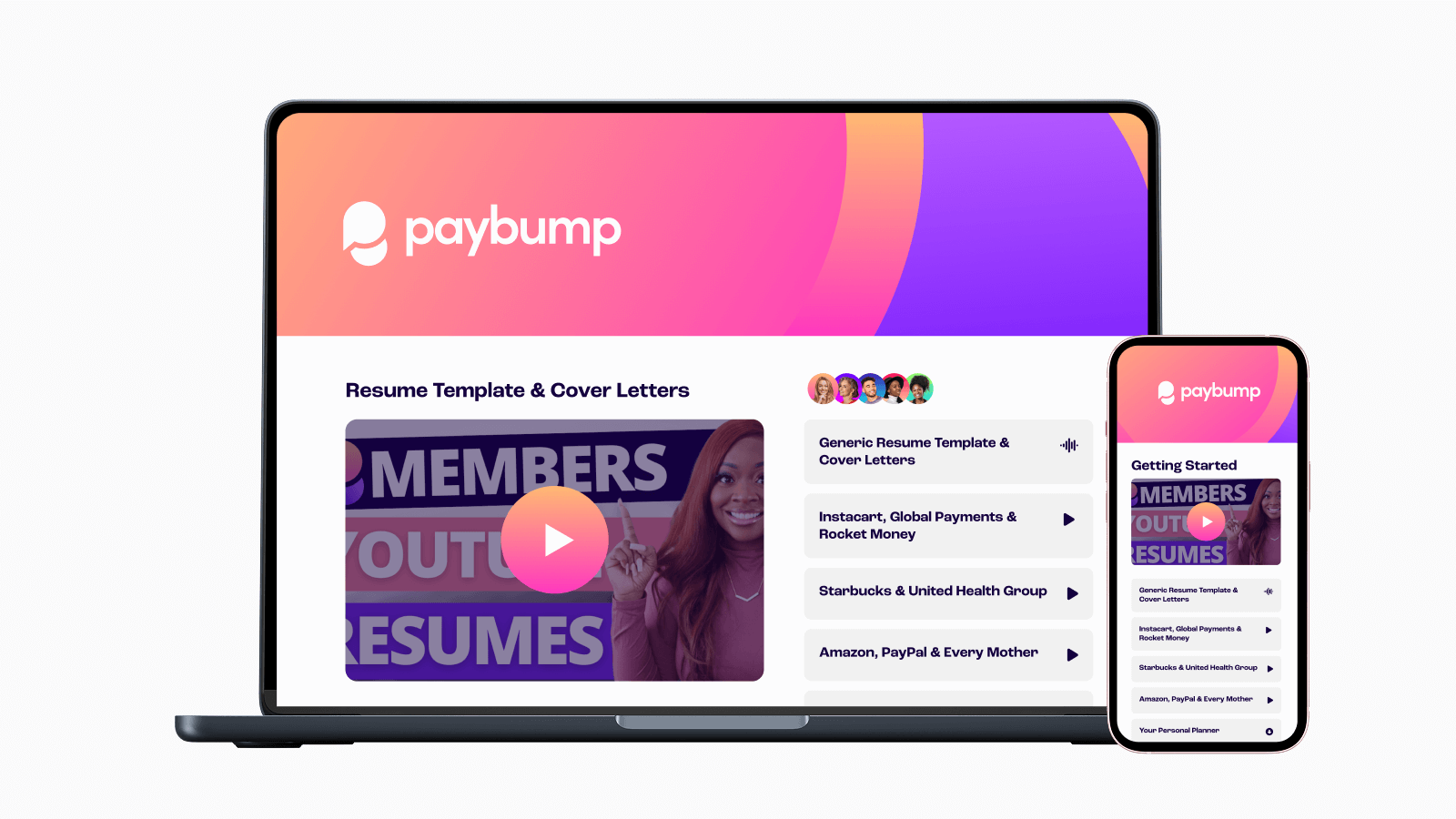 Paybump portal dashboard on a laptop screen showing resume downloads and lesson titles