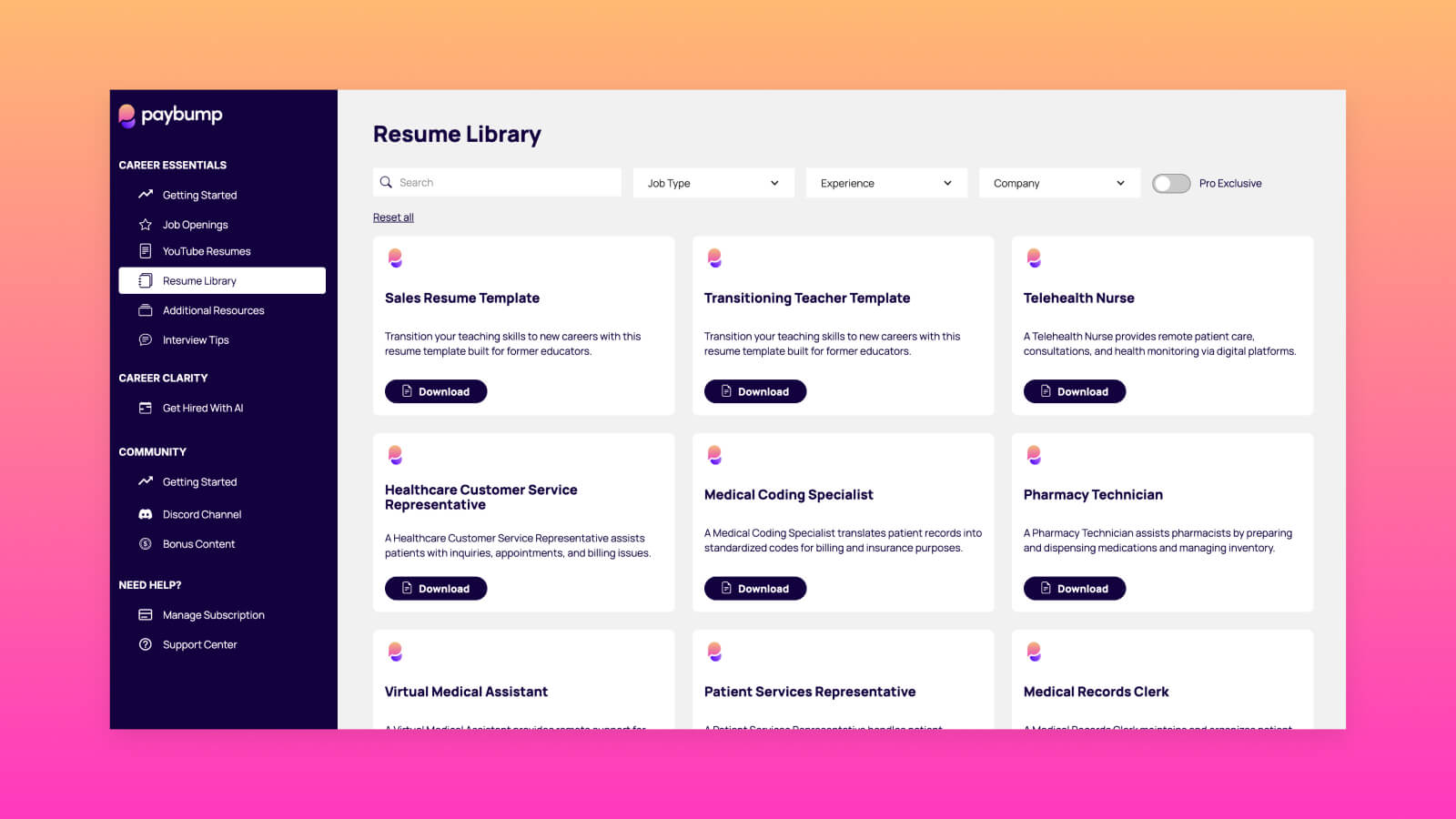 Screenshot of the Paybump portal showing hundreds of resumes that can be filtered by role, level and industry